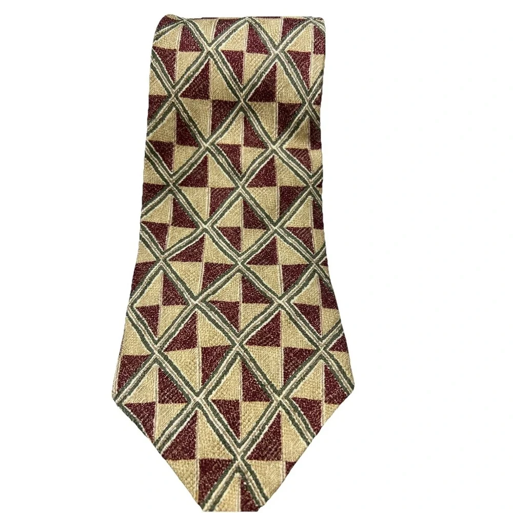 Vintage Tommy Hilfiger Silk Tie Geometric Foulard Burgundy Tan Wide Mens Italy